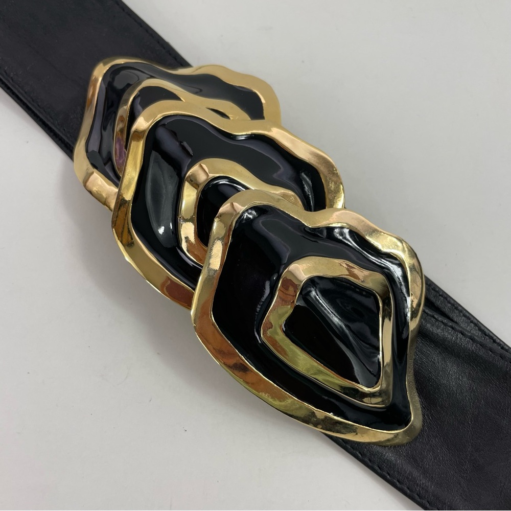 80s Black & Gold Oyster Statement Buckle Belt - Picture 3 of 15